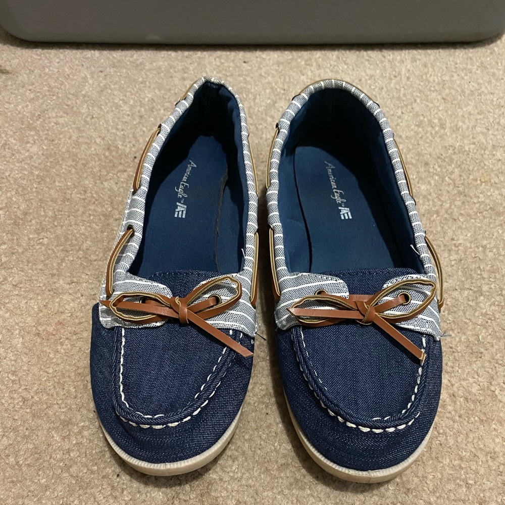 Blue and tan boat shoes